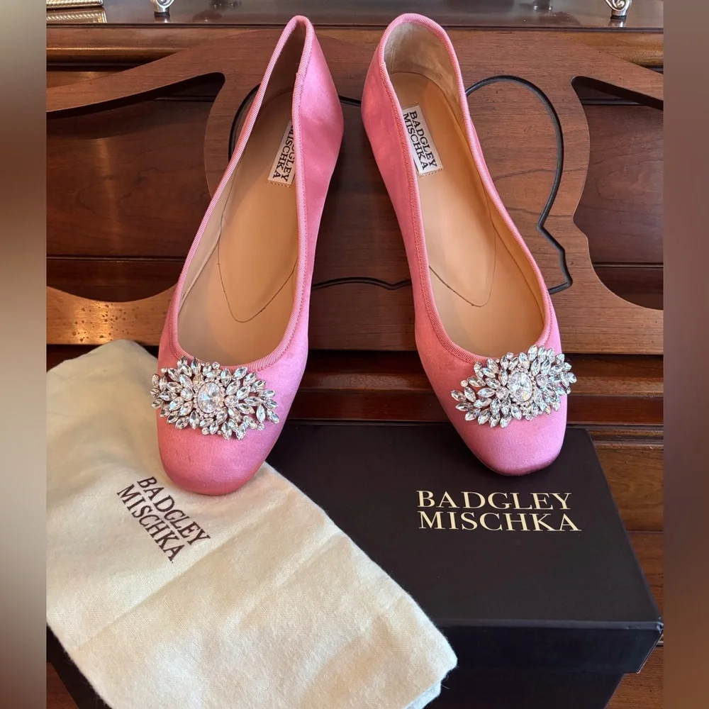 Badgley Mischka Pippa Rose Pink Satin Jeweled Ballet Flats - Picture 14 of 15